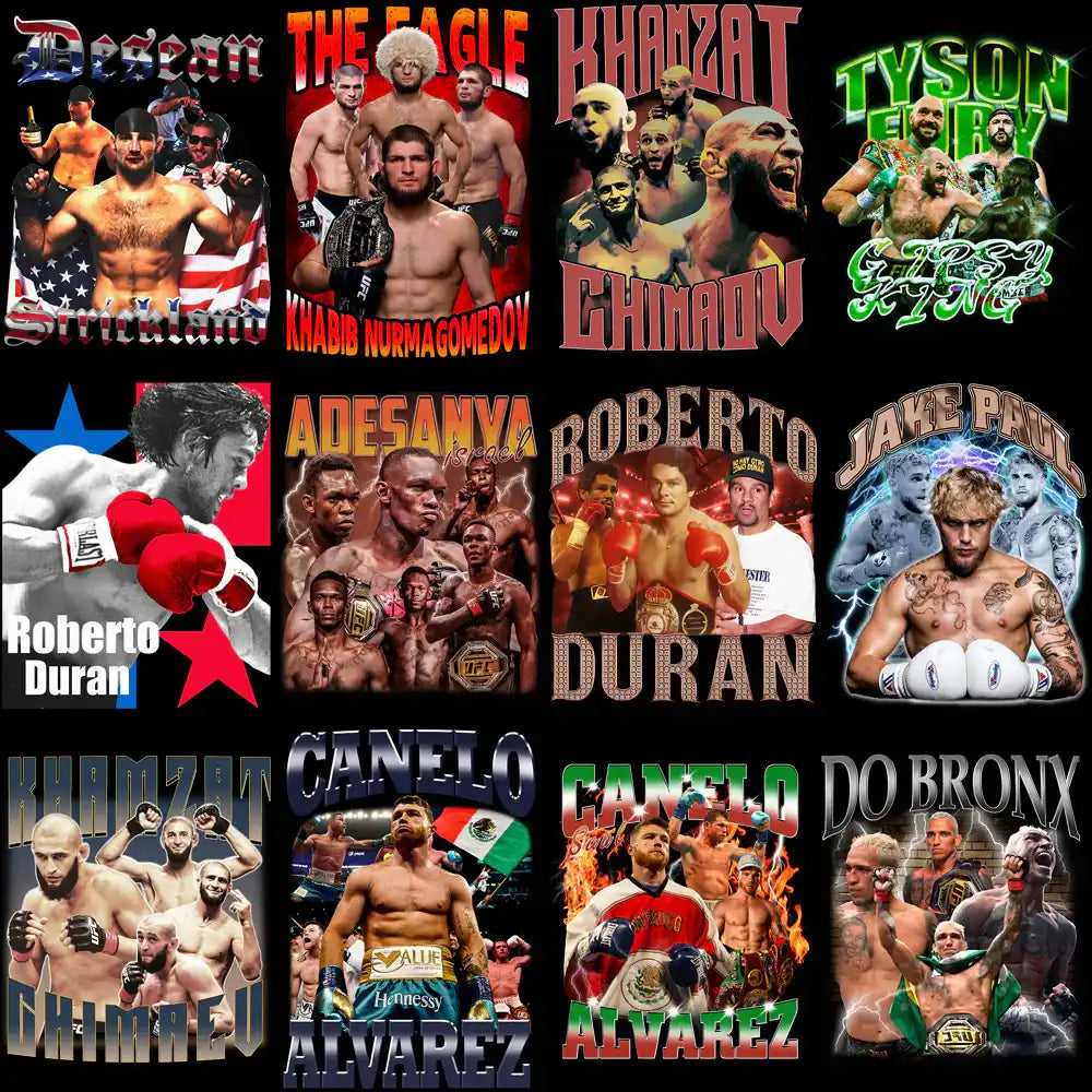 MMA & boxing fighter designs for DTF, DTG, embroidery — print-ready PNG, SVG, PES bundles