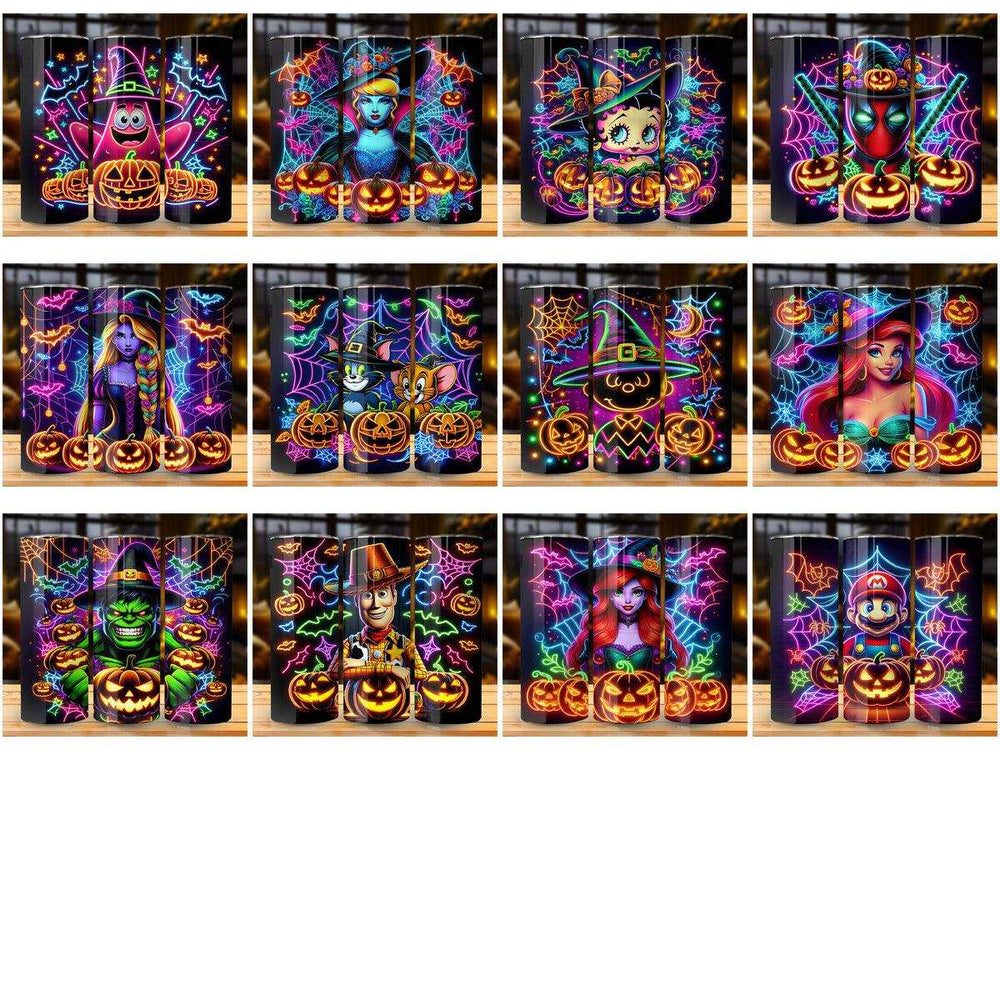 Neon Halloween tumbler wraps with witches, pumpkins, bats, and characters for DTF/DTG printing