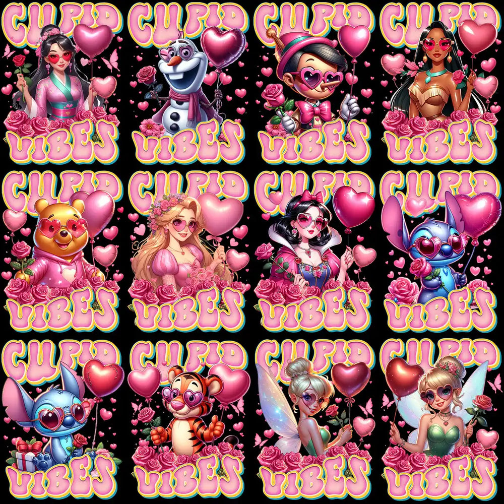 Cupid Vibes Valentine's designs with heart balloons, roses, and cartoon characters for DTF/DTG printing