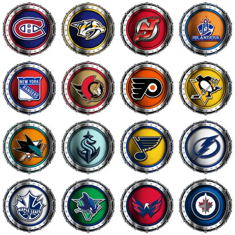 NHL team logos in metallic circular frames, print-ready for DTF, DTG, embroidery, and tumbler wraps