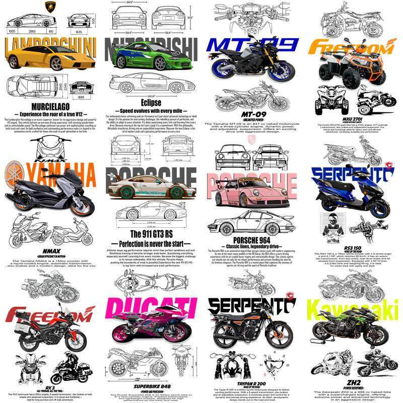40 Bike & Cars Blueprint Designs Bundle PNG
