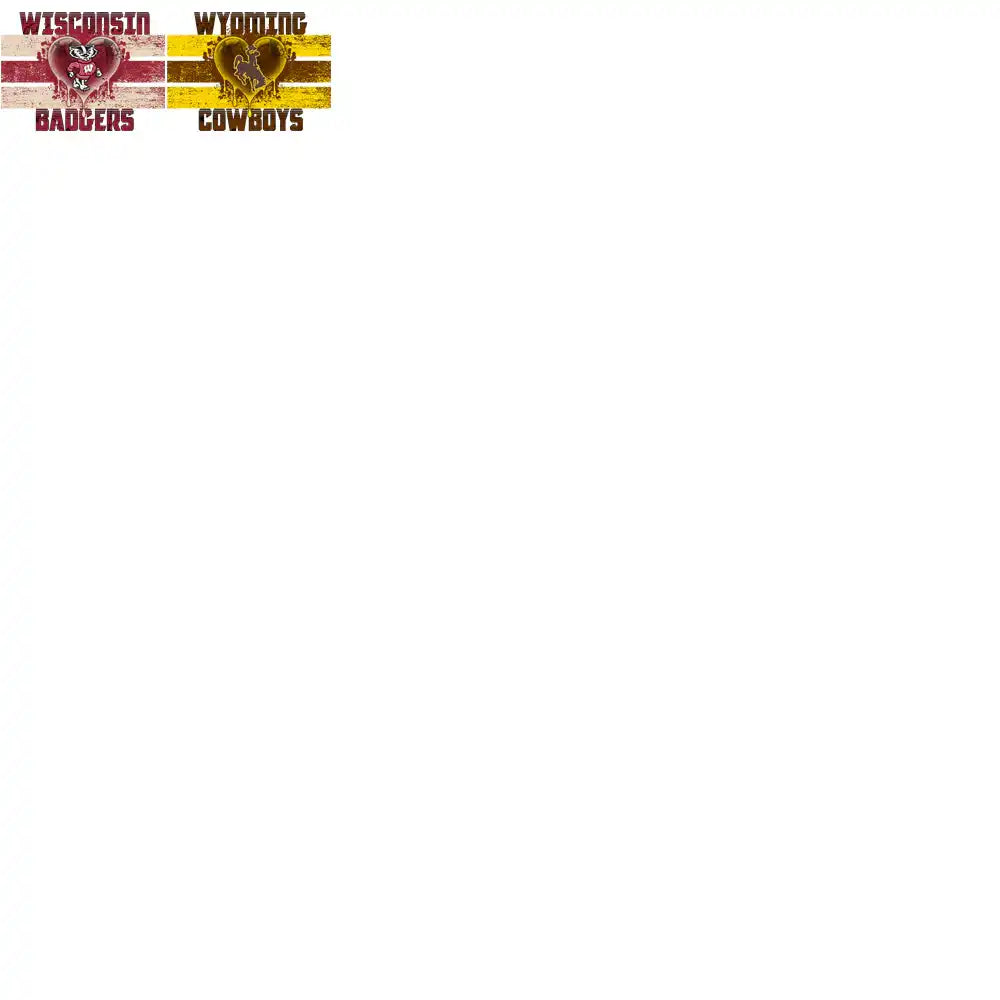 Wisconsin Badgers and Wyoming Cowboys heart-themed sports designs for DTF, DTG, embroidery