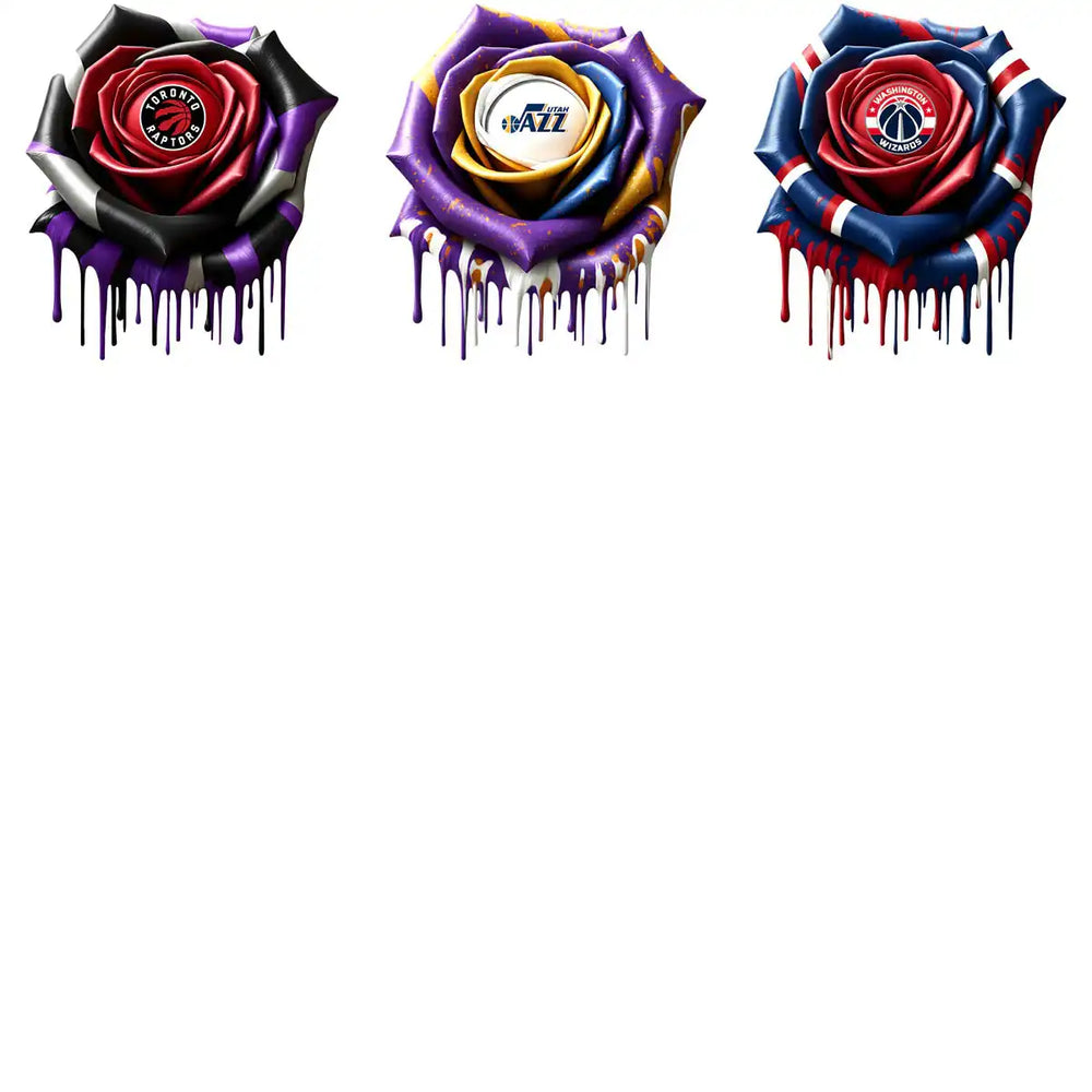 NBA team logo roses: Raptors, Jazz, Wizards — print-ready DTF/DTG designs with dripping paint effect