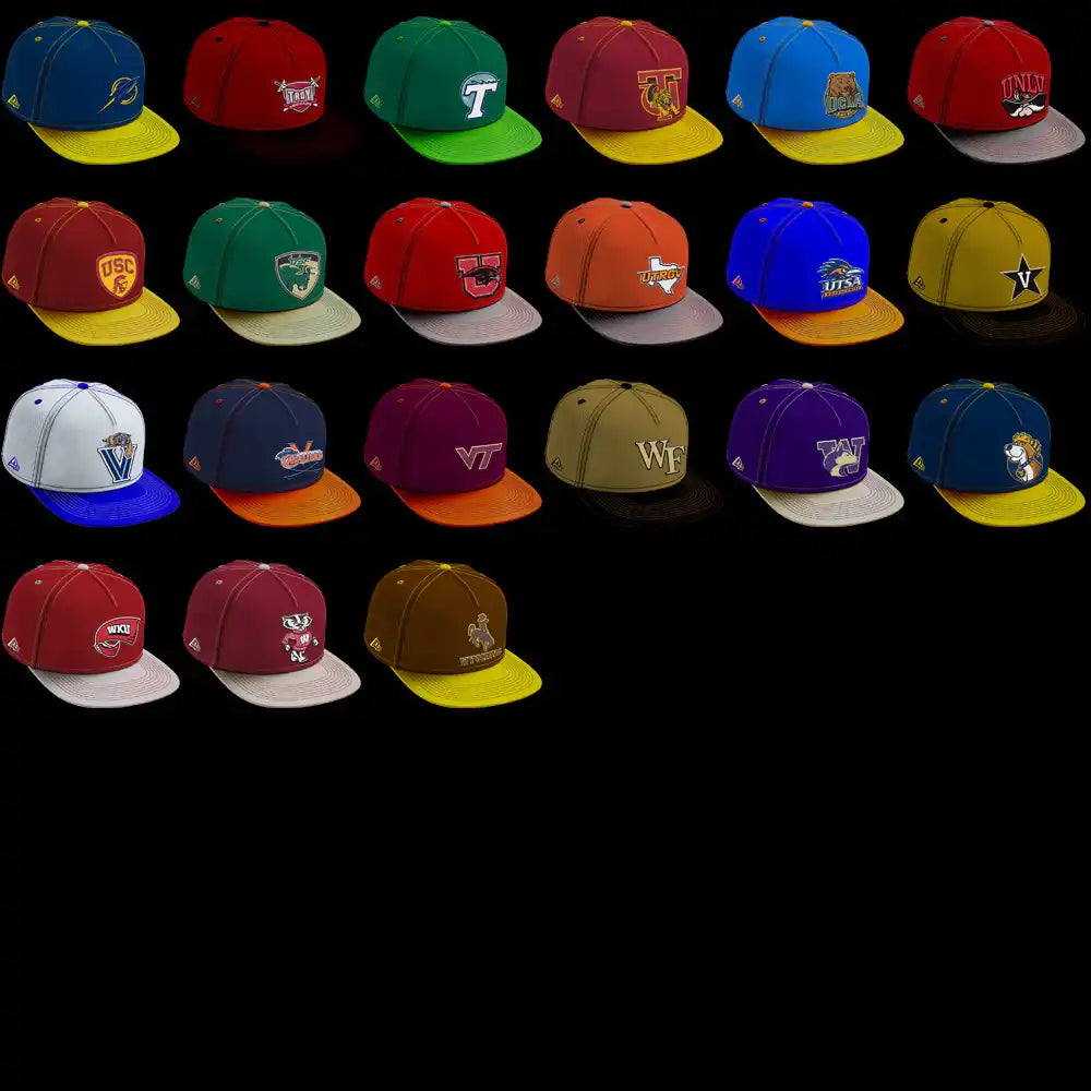 College team hats with embroidered logos, perfect for DTF/DTG printing designs