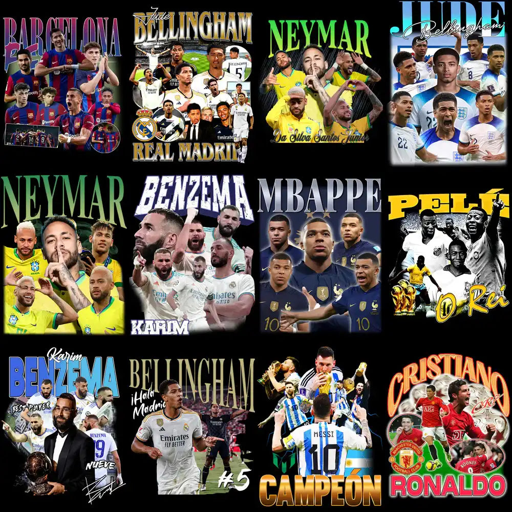 Soccer player designs for DTF, DTG, embroidery – Neymar, Messi, Ronaldo, Mbappé, Benzema, Pelé, Bellingham