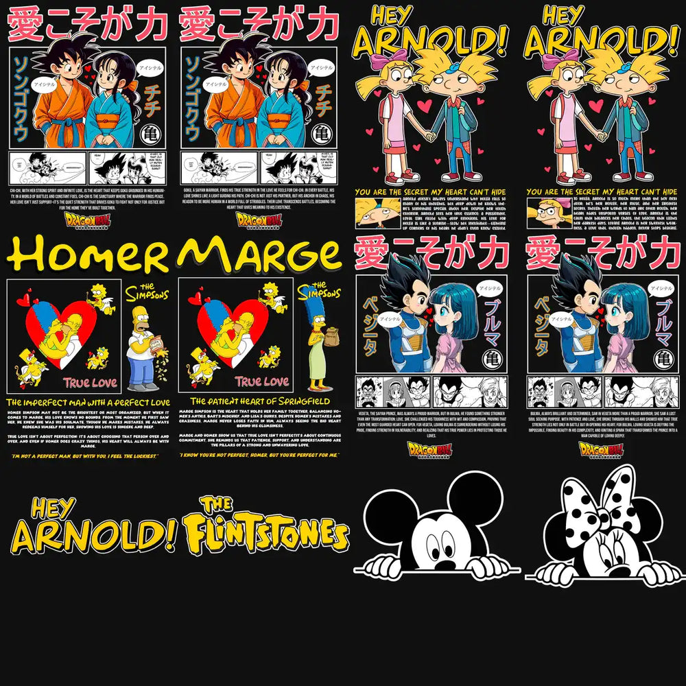 Anime & cartoon couple designs for DTF, DTG, embroidery — Dragon Ball, Hey Arnold, Simpsons, Flintstones, Mickey & Minnie