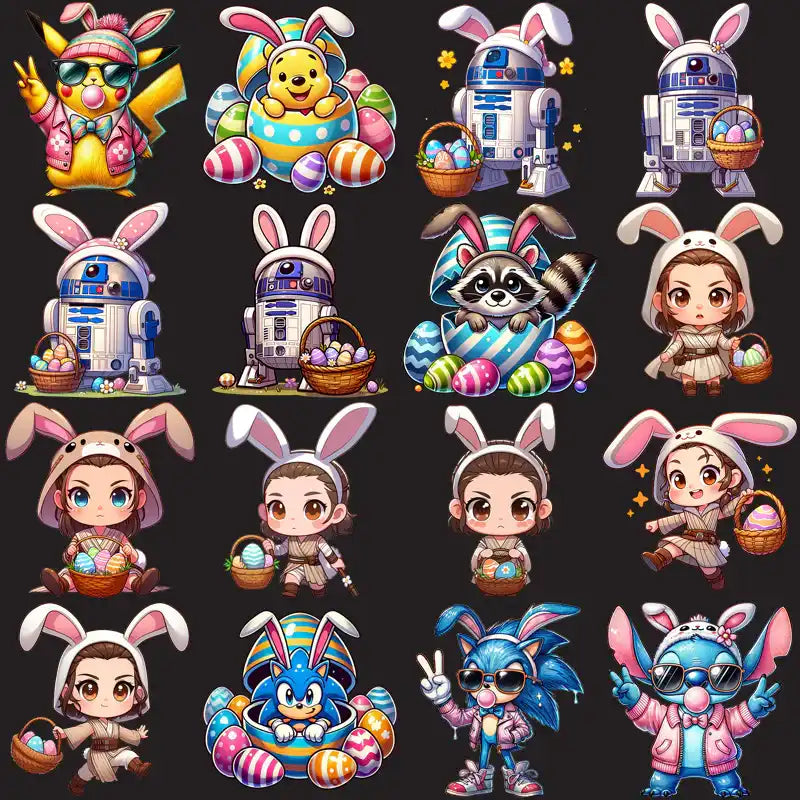 Cute Easter-themed chibi characters with bunny ears, Easter eggs, and baskets. Perfect for DTF, DTG, embroidery designs.