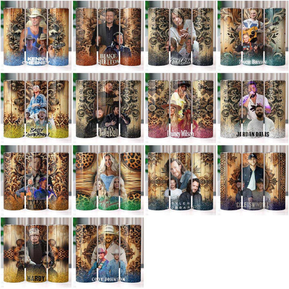 Country music artist tumbler wraps with vibrant designs and names like Kenny Chesney, Blake Shelton