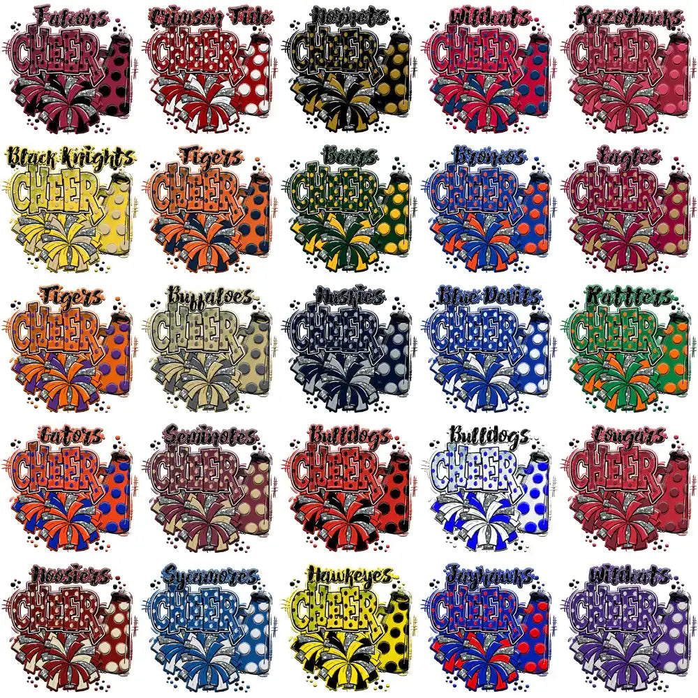 Cheer designs with team names and pom-poms for DTF/DTG and embroidery projects