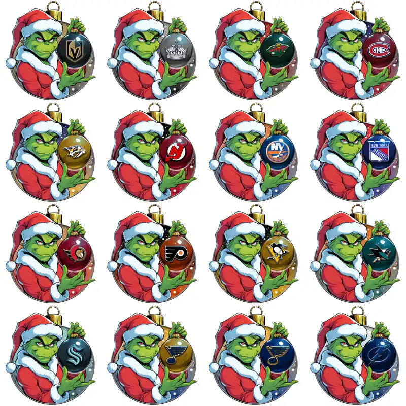 Grinch in Santa hat holding NHL team ornaments, festive holiday design