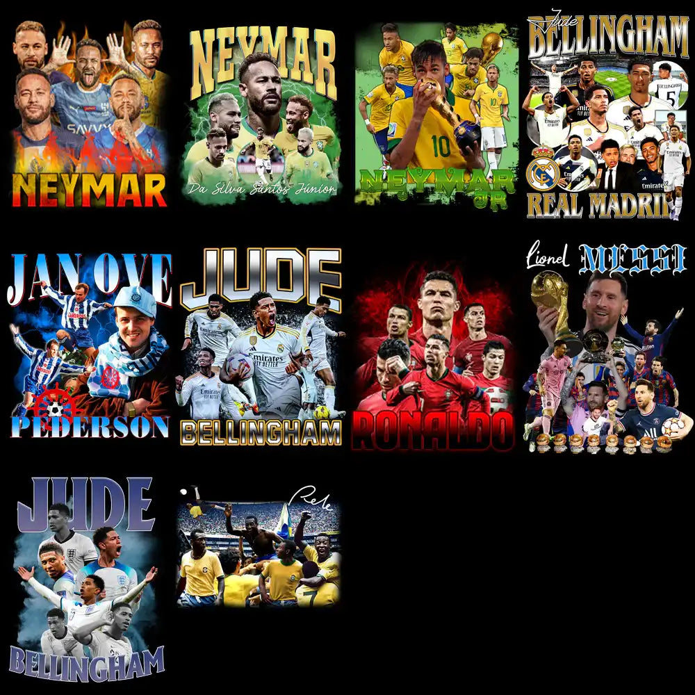 Soccer player designs for DTF/DTG, embroidery, and tumbler wraps featuring Neymar, Messi, Ronaldo, and Bellingham.