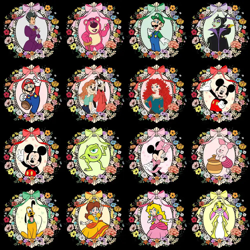 16 floral-framed Disney character designs for DTF, DTG, embroidery, tumbler wraps – print-ready PNG, SVG, PES