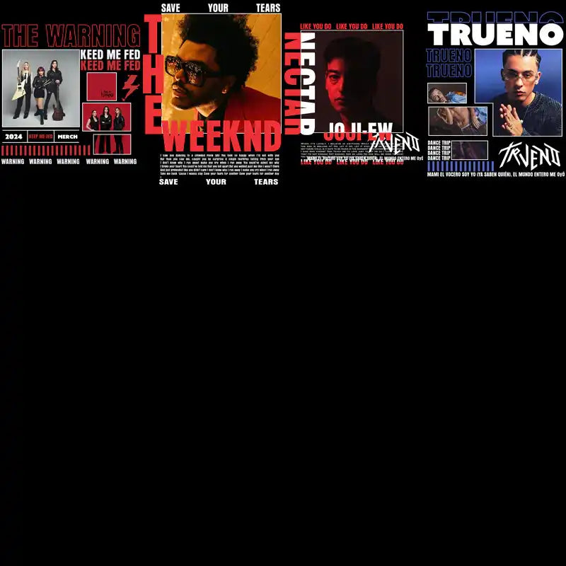 Print-ready music artist merch designs for DTF DTG, featuring The Warning, The Weeknd, Joji, and Trueno