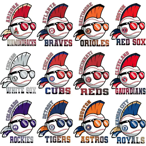 Baseball team logos with mohawk and sunglasses designs for DTF/DTG and embroidery