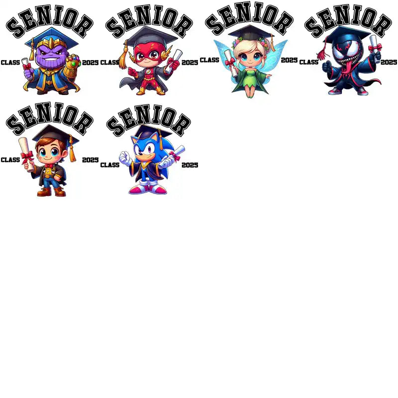 Cute 2025 senior graduation designs featuring superhero and cartoon characters in caps and gowns, perfect for DTF, DTG, or embroidery.