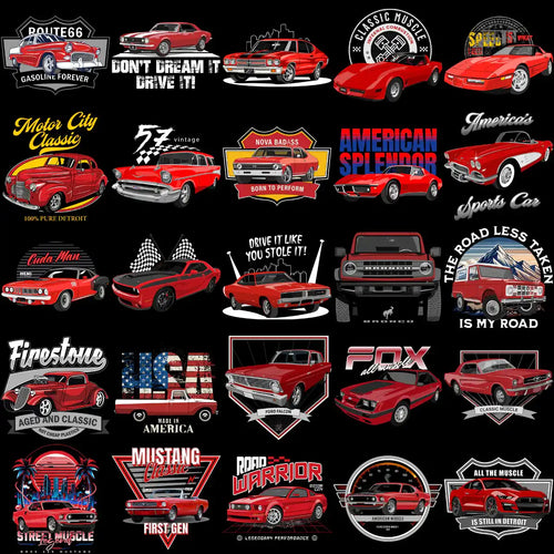 Red classic and muscle car designs for t-shirts, print-ready PNG/SVG, DTF/DTG bundles, embroidery