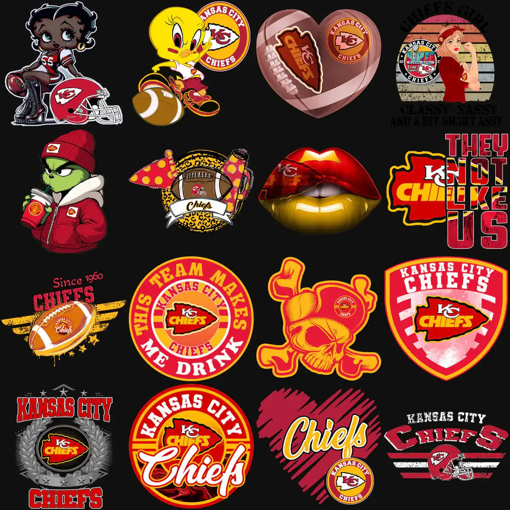 Kansas City Chiefs themed designs including logos, characters, and slogans for apparel and crafts