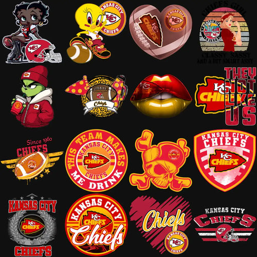 Kansas City Chiefs themed designs including logos, characters, and slogans for apparel and crafts