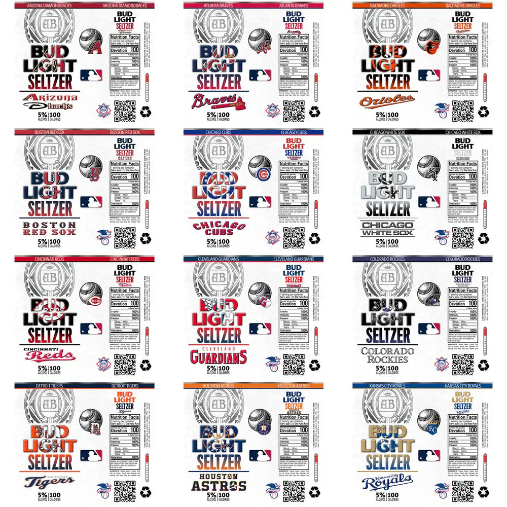 Bud Light Seltzer MLB team labels for print-ready designs, featuring logos and nutrition facts.