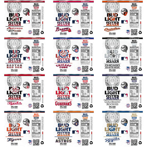 Bud Light Seltzer MLB team labels for print-ready designs, featuring logos and nutrition facts.