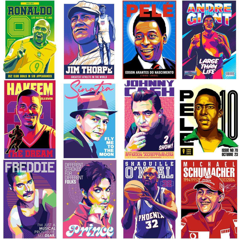 Vibrant pop art posters of legendary athletes and icons like Pelé, Sinatra, and Michael Schumacher