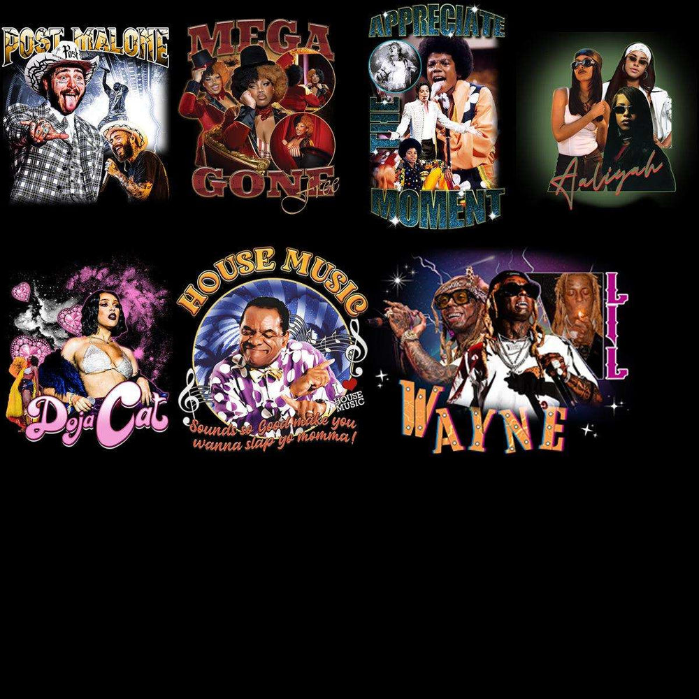 Music artist designs for DTF/DTG prints featuring Post Malone, Doja Cat, Lil Wayne, and more.
