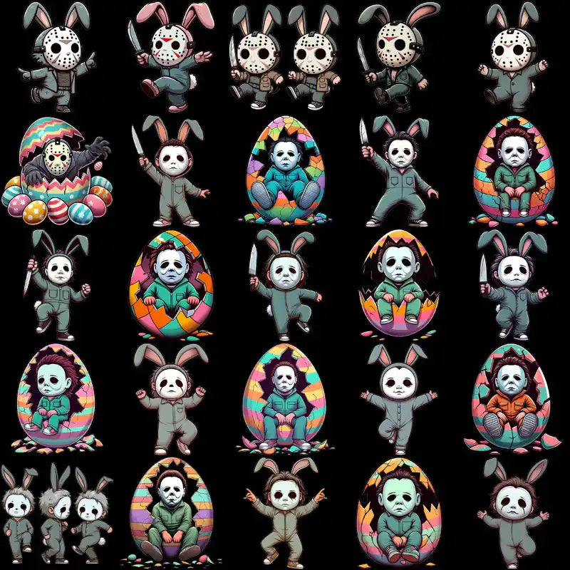 Cute Easter bunny and horror character designs for DTF/DTG, embroidery, and tumbler wraps