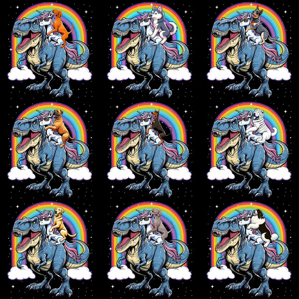 Dinosaur with unicorn and dog under rainbow, space-themed print design