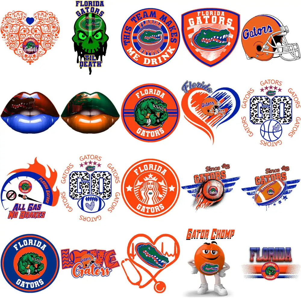 Florida Gators sports designs bundle with logos, skulls, lips, helmets, and tumbler wraps for DTF, DTG, embroidery