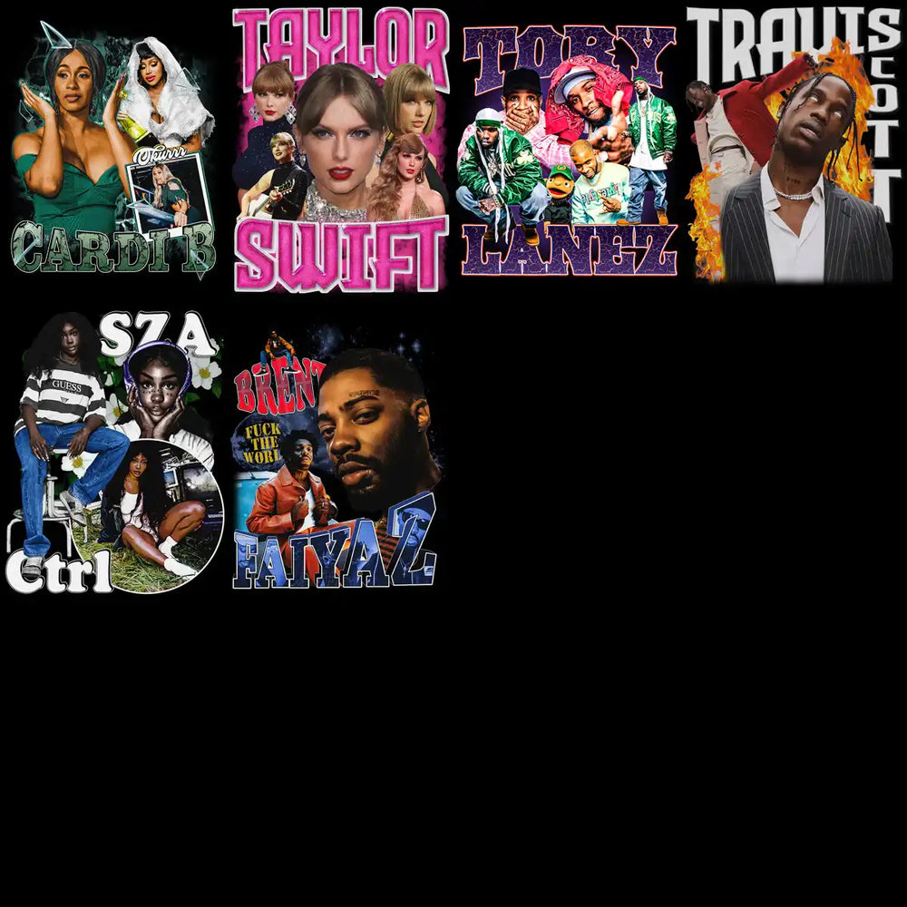 Celebrity collage featuring Cardi B, Taylor Swift, Tory Lanez, Travis Scott, SZA, and Fat Joe for print designs.