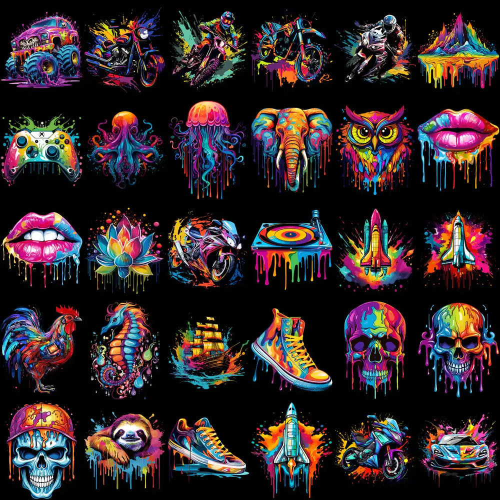 Vibrant drip art designs featuring skulls, animals, vehicles, and gaming gear for DTG/DTF printing