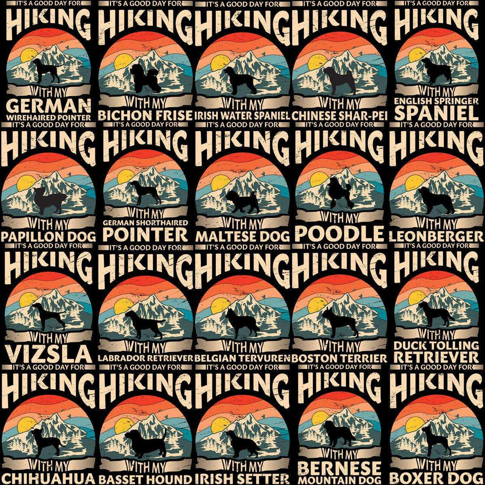 Hiking with my dog designs, mountain sunset silhouettes, breed-specific print-ready graphics for DTG/DTF