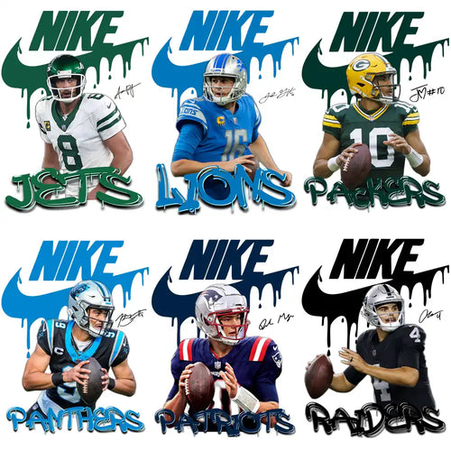 NFL football player designs with Nike logos and team names for DTF, DTG, embroidery, and tumbler wraps