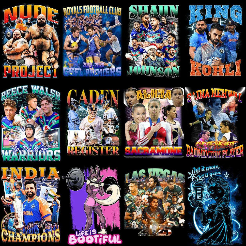 Sports and pop culture designs for DTF/DTG printing, embroidery, and tumbler wraps featuring athletes and characters.