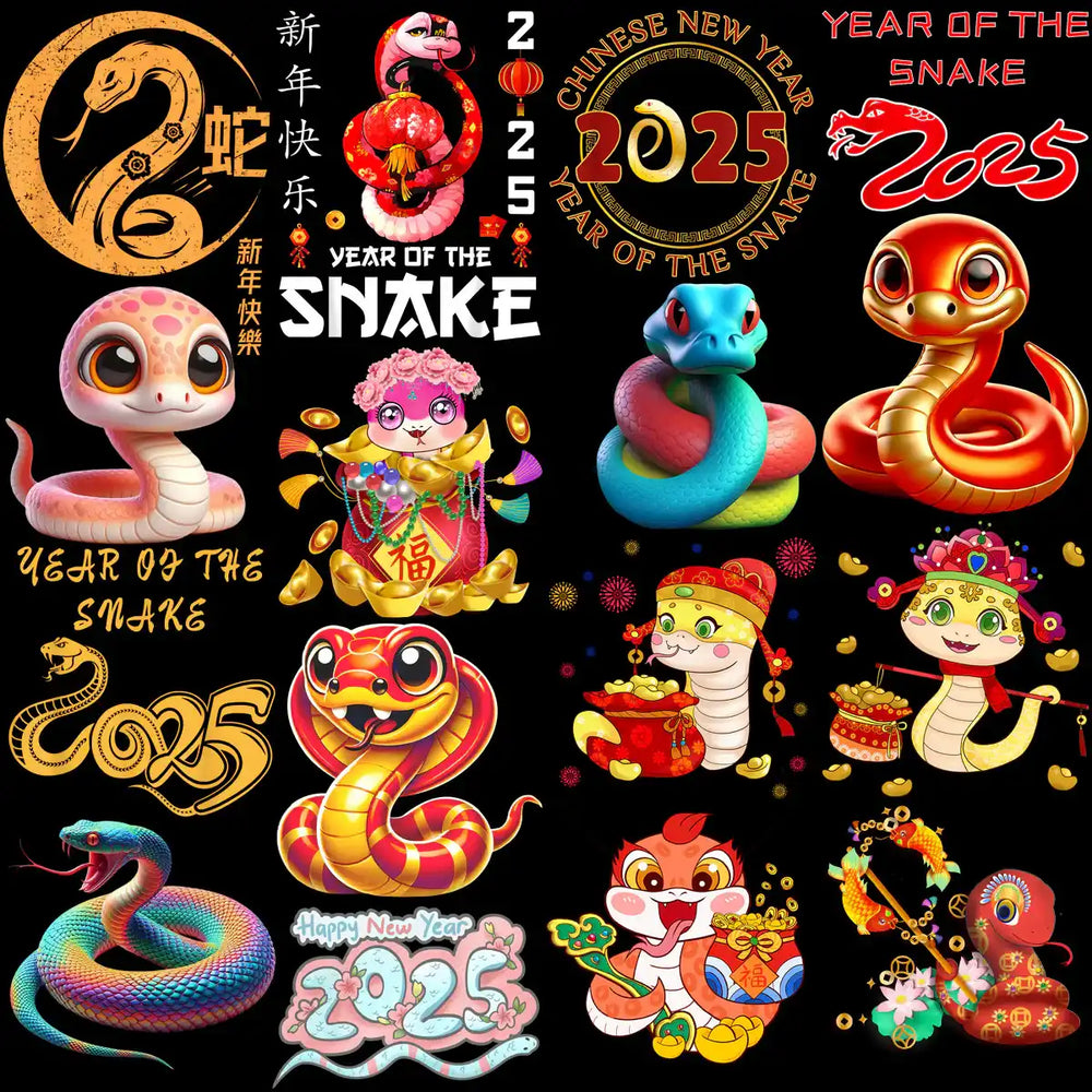 2025 Year of the Snake designs bundle, festive Chinese New Year snake graphics for DTF, DTG, embroidery