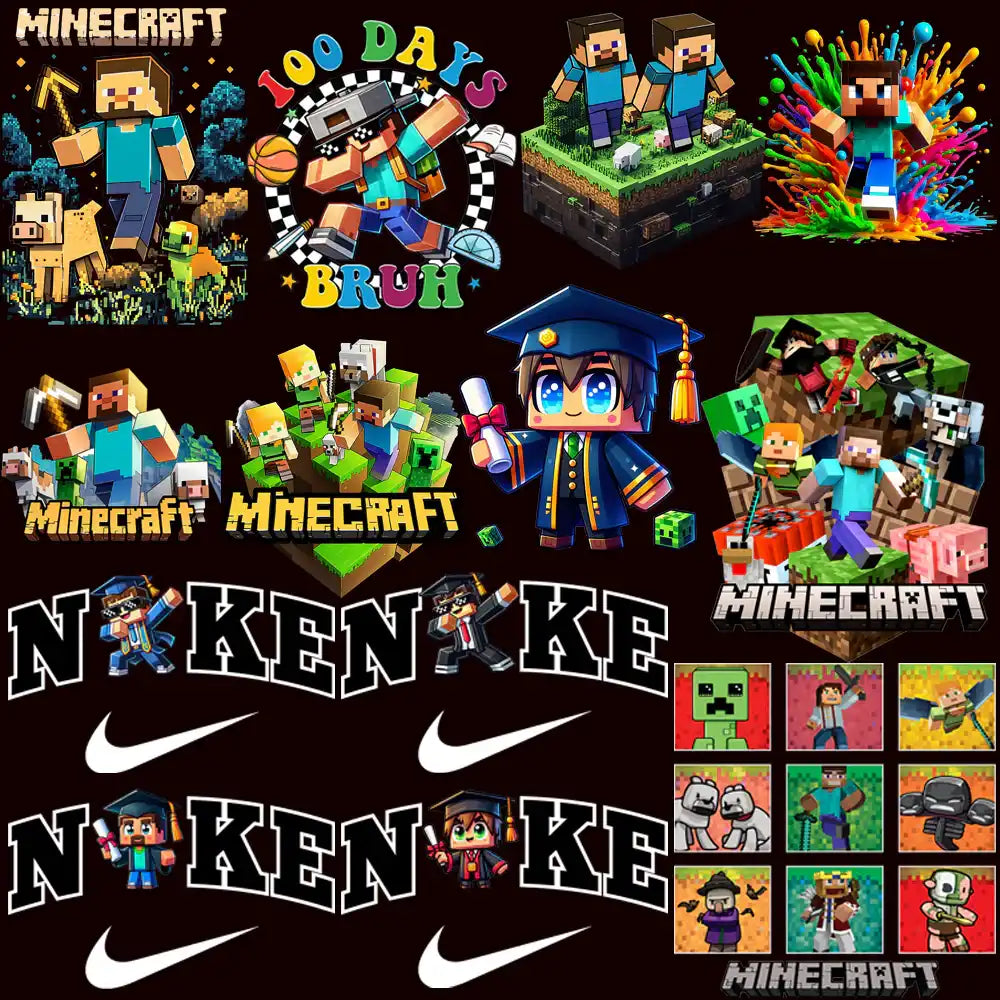 Minecraft-themed DTF/DTG designs with pixel art characters, graduation, and Nike-style graphics for print-ready bundles