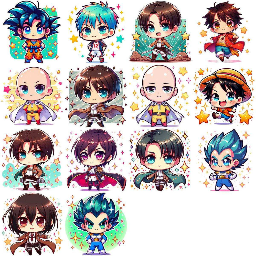 Chibi anime characters with vibrant colors and star backgrounds, ideal for DTF/DTG designs.