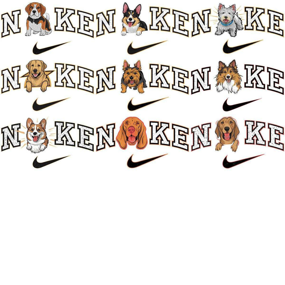 Dog-themed Nike-style designs with various breeds and swoosh logos for print-ready use