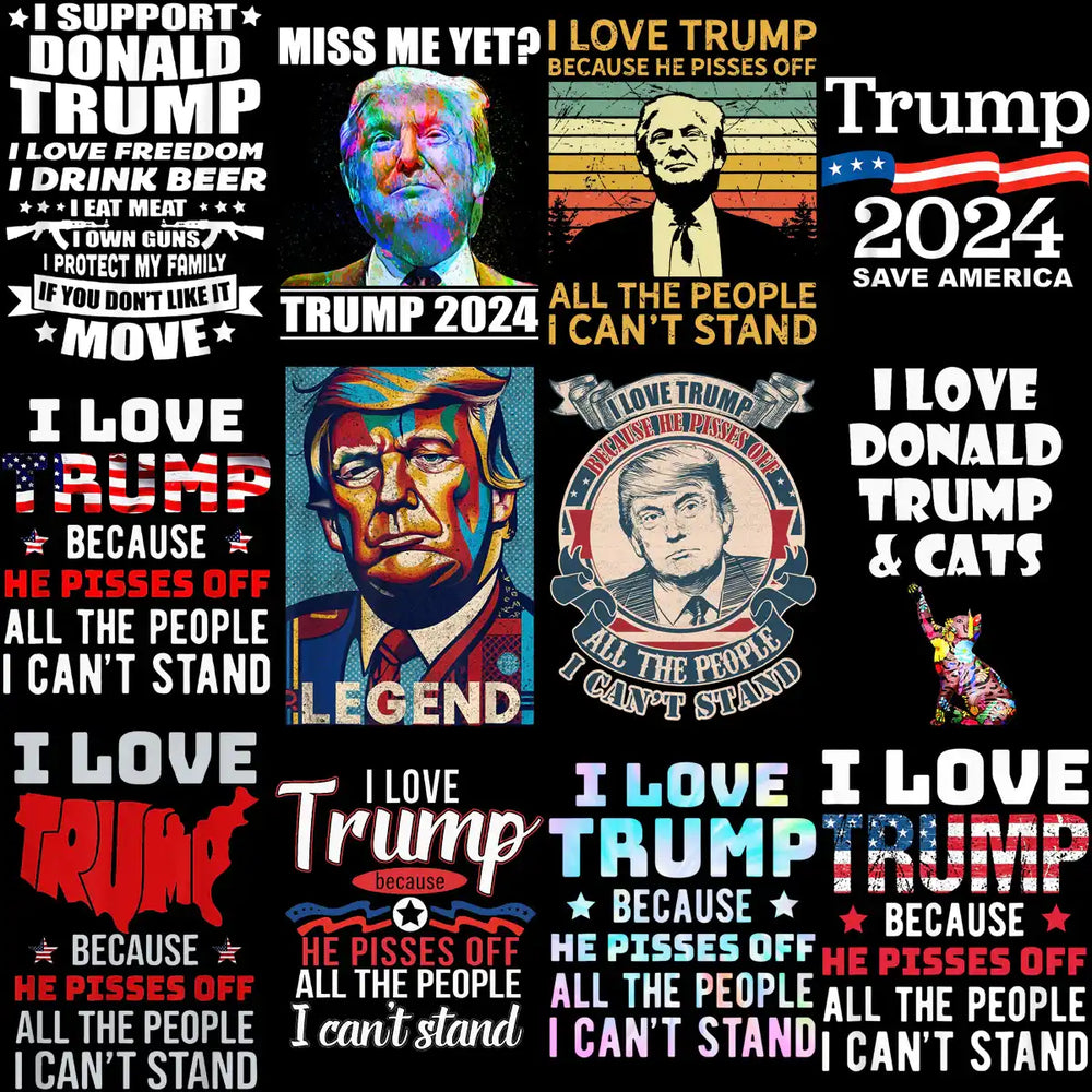 Trump 2024 political designs with bold text and colorful graphics for print-ready use