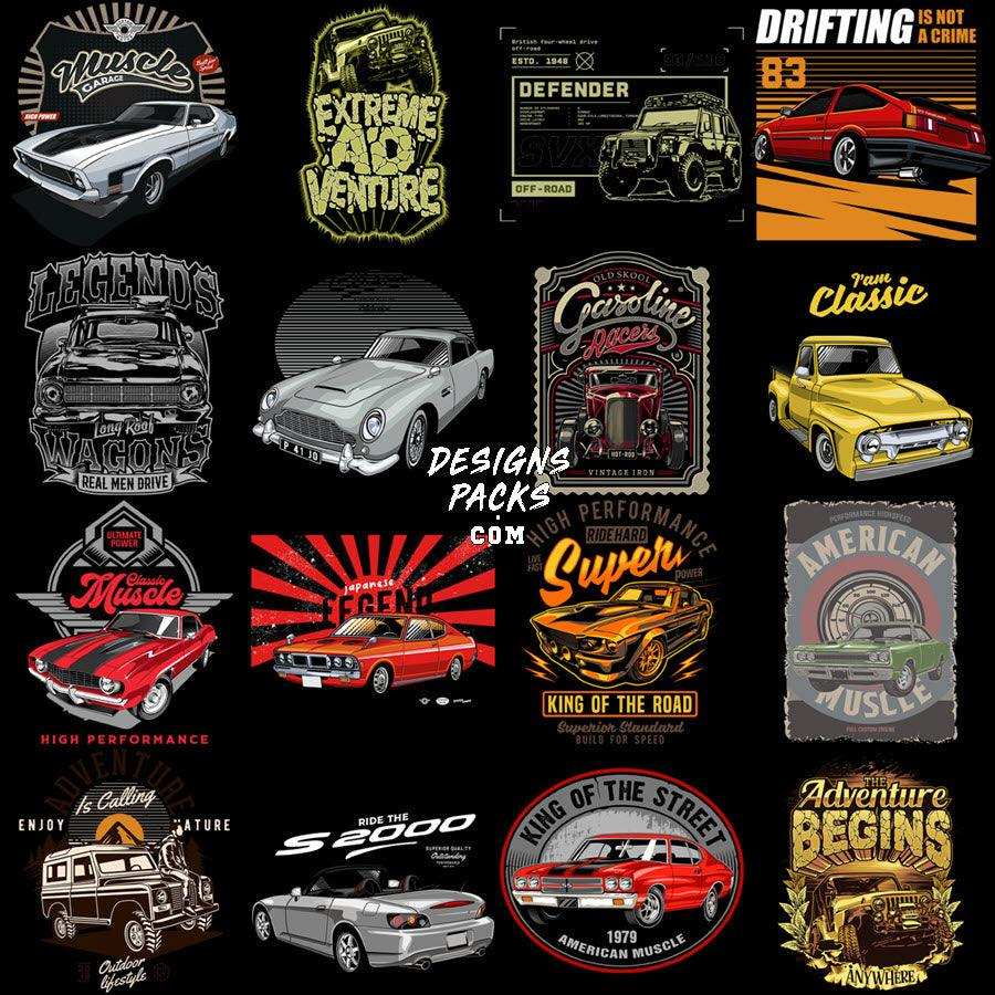 Vintage car designs for t-shirts, DTF, DTG, embroidery — muscle cars, classics, off-road, drifting themes