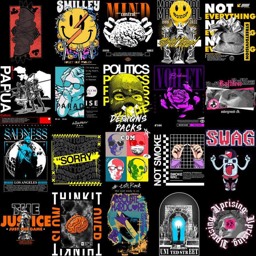 Print-ready DTF DTG designs bundle with edgy graphics, skulls, roses, and bold typography for t-shirts