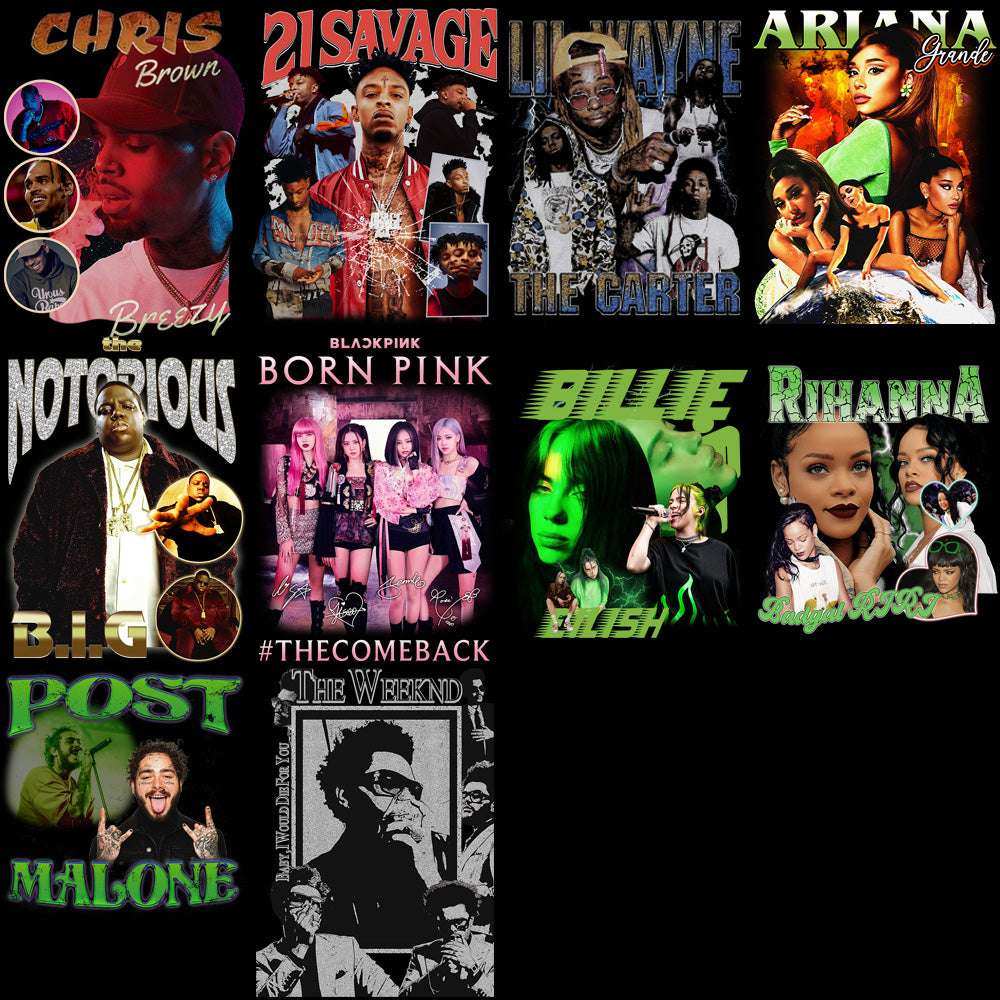 54 Music POP HIP-HOP Artists Pack Bootleg Designs Bundle PNG