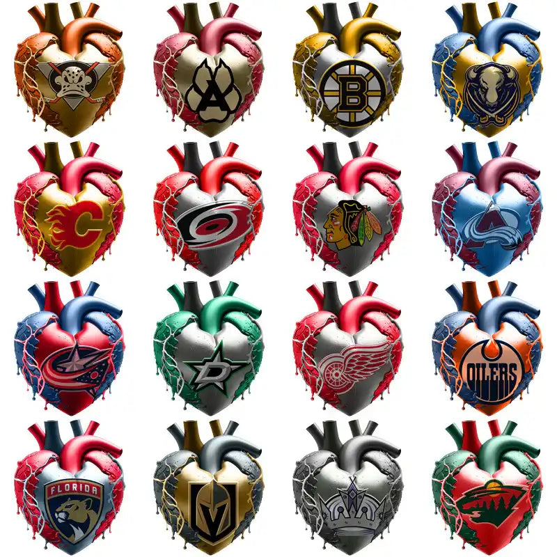 NHL team logos on anatomical heart designs, print-ready for DTF, DTG, embroidery