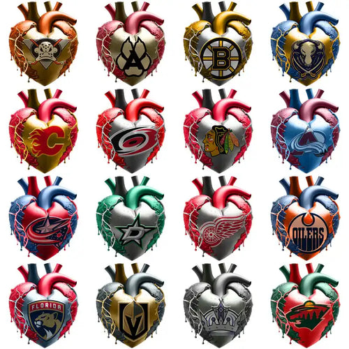 NHL team logos on anatomical heart designs, print-ready for DTF, DTG, embroidery
