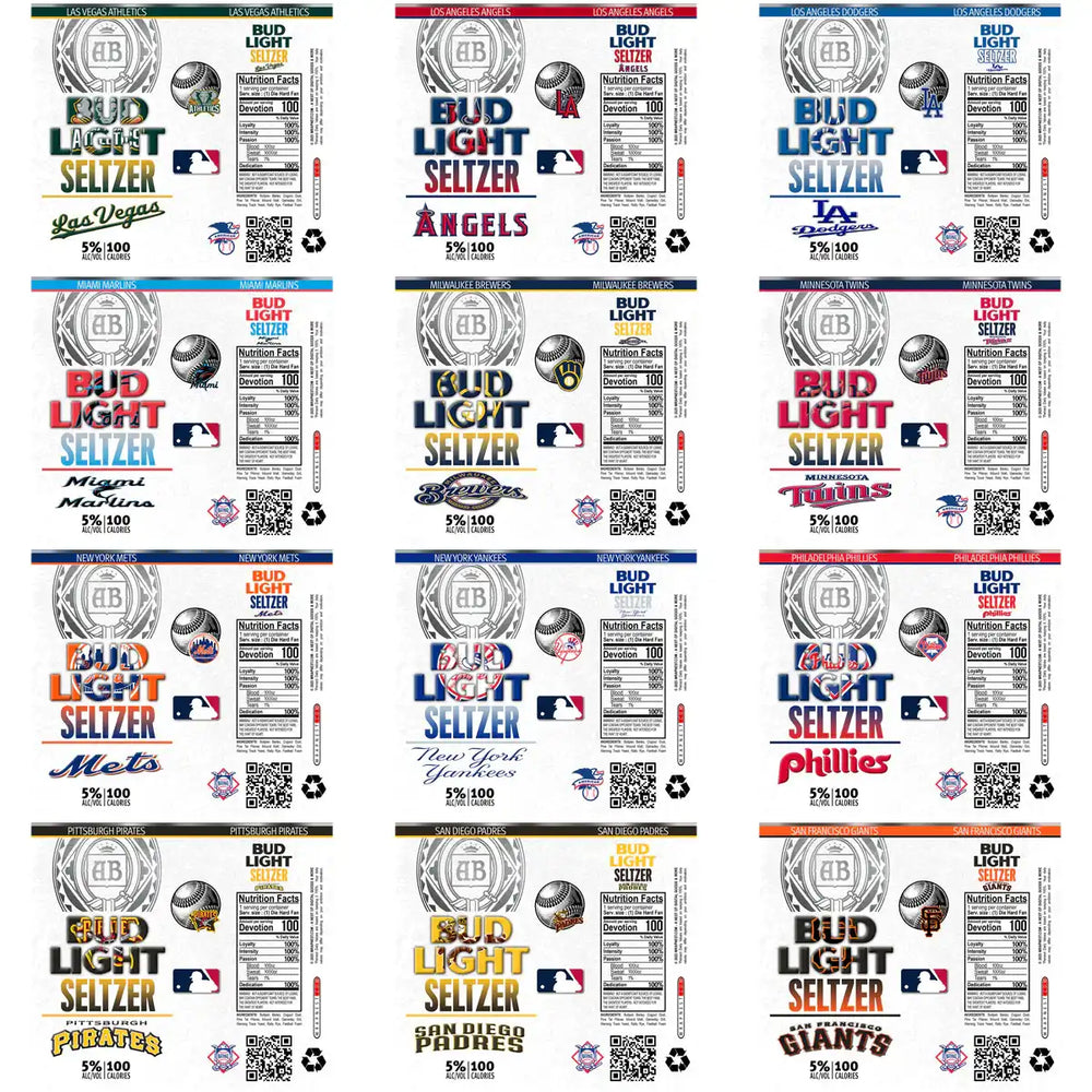 Bud Light Seltzer MLB team labels for Las Vegas, Angels, Dodgers, Marlins, Brewers, Twins, Mets, Yankees, Phillies, Pirates, Padres, Giants