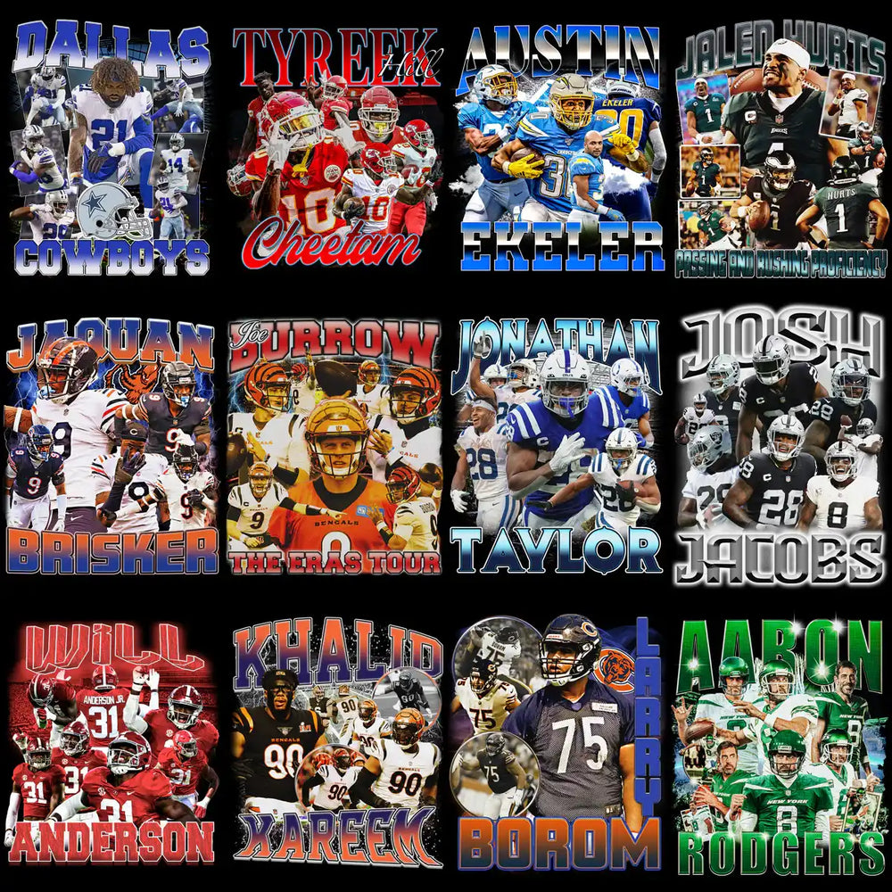 Football player designs for DTF/DTG, embroidery, and tumbler wraps with vibrant graphics and team names.