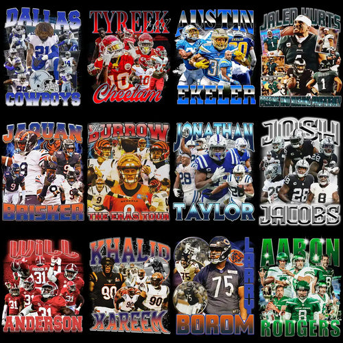 Football player designs for DTF/DTG, embroidery, and tumbler wraps with vibrant graphics and team names.
