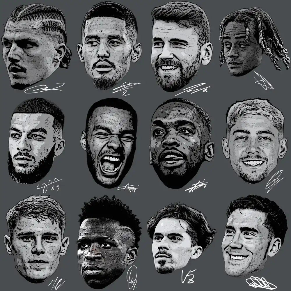 12 stylized soccer player portraits with autograph signatures, print-ready for DTF/DTG or embroidery designs