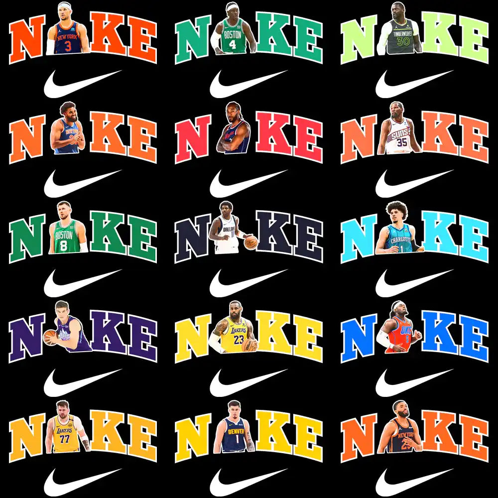 Basketball player designs with Nike swoosh, team jerseys, and colorful text for DTF/DTG printing