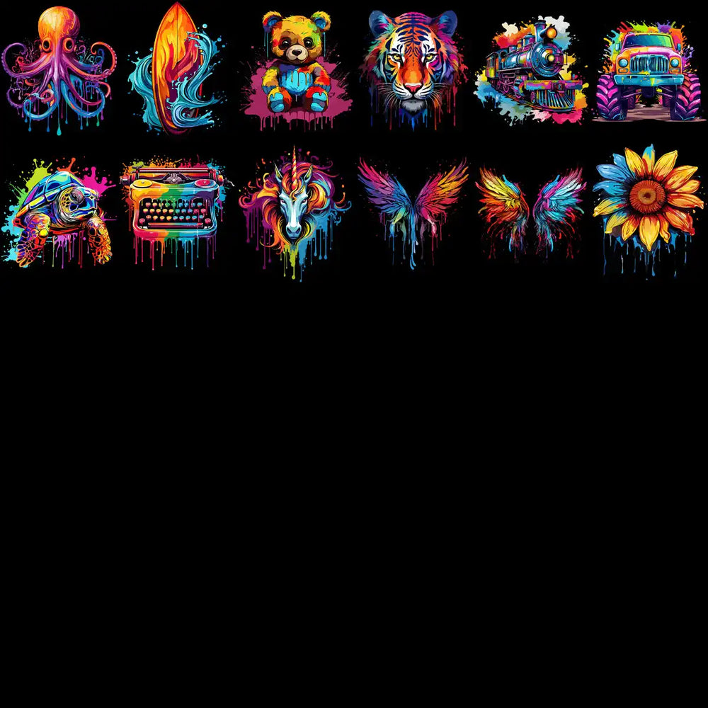 Vibrant DTF/DTG designs featuring animals, vehicles, and objects with colorful paint splashes
